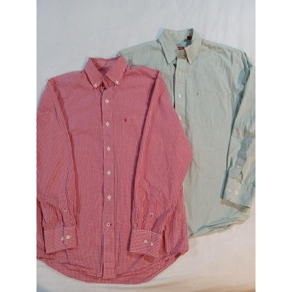 2-IZOD Men's Collared Red Plaid & Green/White Stripe Long Sleeve Shirts Sz Small